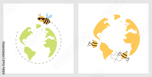 World bee day illustration with bees flying around earth globe for environmental awareness poster, banner and education design.