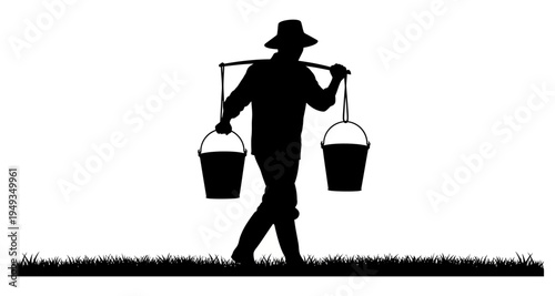Silhouette of a worker carrying two buckets on a yoke over their shoulders