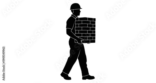 Silhouette of a construction worker carrying a stack of bricks on his arm