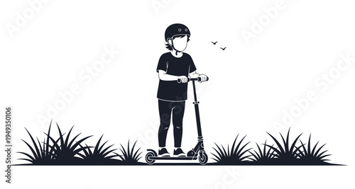 A young child rides a scooter outdoors enjoying a sunny day