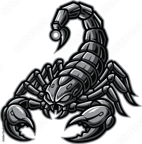 A monochromatic illustration depicts a menacing scorpion with raised tail and large pincers ready for attack on a plain surface.