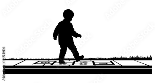 A silhouette of a young child playing hopscotch on a paved surface
