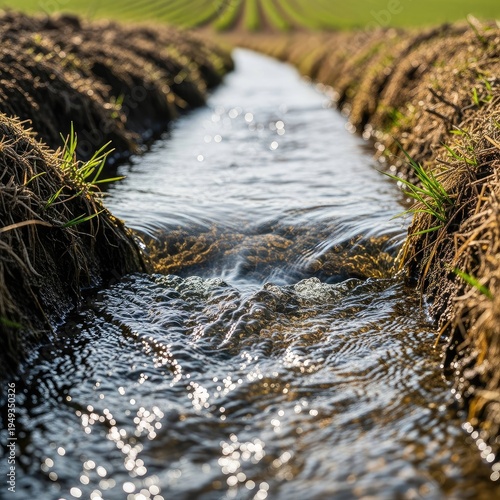 Clear flowing water channel through cultivated land during daylight hours