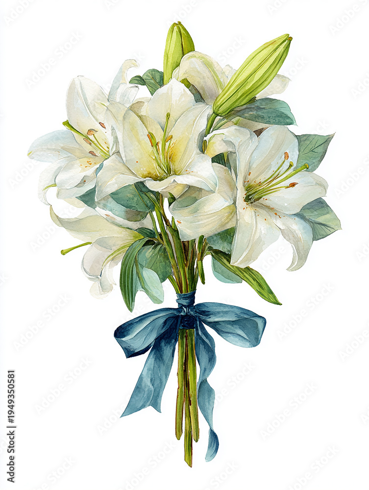 Obraz premium Hand-painted watercolor bouquet of white lilies with fresh green leaves and ribbon. Elegant botanical floral illustration isolated on white background.