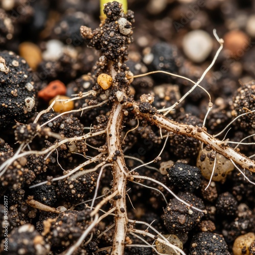 Close up of seedling roots in dark soil with natural lighting