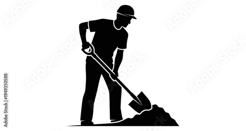 Silhouette of a worker digging with a shovel against a white background