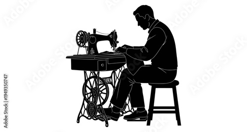 A silhouetted image of a man operating a vintage sewing machine