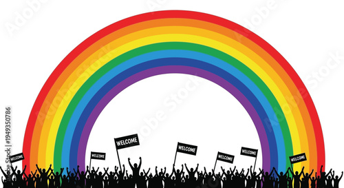A vibrant rainbow arches over a crowd of people waving flags