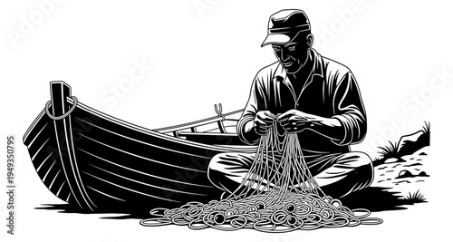 A fisherman meticulously repairs a net while seated in his small boat