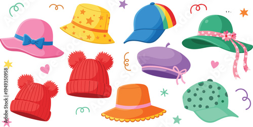 Cute Colorful Cartoon Hat Collection with Bucket Hats Berets Beanies Sun Hats Bows Pom Poms Rainbows Stars and Playful Decorations for Kids Fashion Accessories and Summer Designs