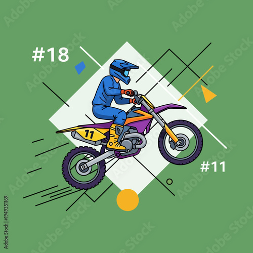 colorful illustration of motorcyclist riding dirt bike with numbers