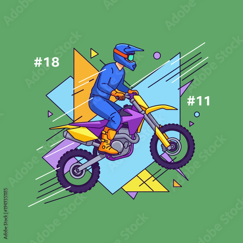 colorful illustration of motorcyclist riding purple and yellow dirt bike