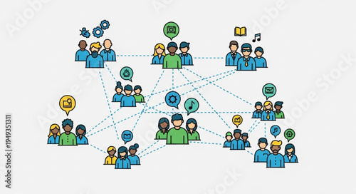 Diverse group of people connected in a network illustration.