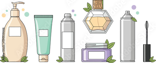 Cute Natural Beauty Products Illustration Set with Skincare Cosmetics Perfume Deodorant Mascara Cream Lotion and Eco Leaves Bubbles for Wellness Spa and Organic Care Designs
