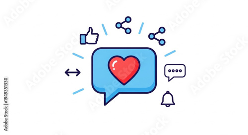 Social media icons and symbols for likes shares and comments.