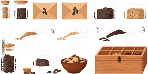 Collection of Coffee Beans and Spices in Jars, Bottles, and Bowls for Food Storage and Gourmet Ingredients