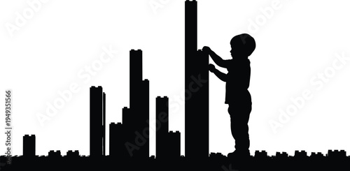 Black silhouette of child boy playing with building blocks on white background, kid creating city towers with toy bricks construction play