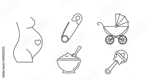 Set of Line Art Icons Depicting Pregnancy Maternity and Baby Care Essentials for New Parents