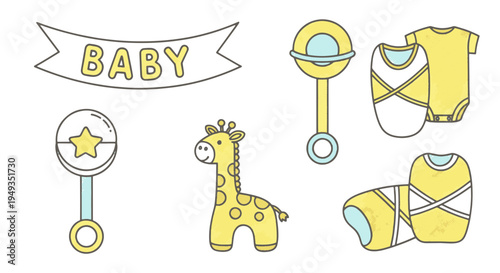 Adorable Collection of Essential Baby Items Rattles Clothing and a Cute Giraffe Toy Set