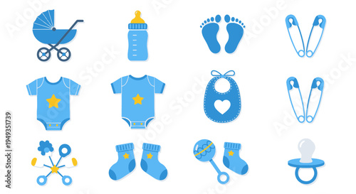 Blue Baby Care and Nursery Essentials Set with Pram Bottle Footprints Clothing Toys and Accessories