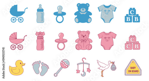 Charming Baby Boy and Girl Accessories Collection Feeding Items Toys Transport and Safety Icons