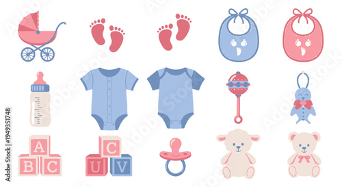Arrangement of Cute Baby Items Including Pram Footprints Bibs Bodysuits Pacifier and Building Blocks