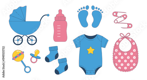 Newborn Baby Care Essentials Set with Cute Icons of Objects in Blue and Pink Colors