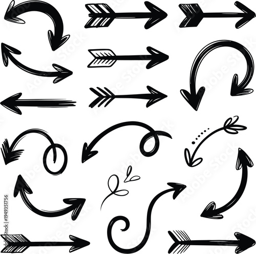 Collection of hand drawn arrows and directional symbols