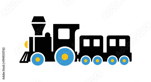 Classic Toy Steam Engine Train Design Featuring Black Locomotive with Bright Blue and Yellow Wheels