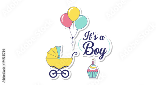Joyful its a Boy Announcement with Colorful Balloons Baby Carriage and Festive Cupcake