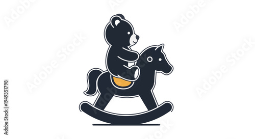 Adorable Dark Bear Figure Sitting on a Traditional Wooden Rocking Horse Concept for Childhood Play