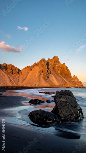 Dramatic sunset over a black sand beach with volcanic mountains