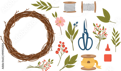 DIY Floral Wreath Making Set with Flowers, Leaves, Scissors, Threads, Glue, and Craft Supplies for Seasonal Decorations