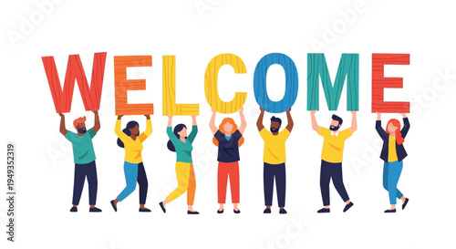 Diverse group of people holding up letters spelling the word welcome