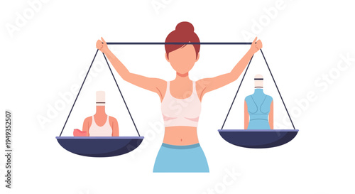 Woman Balancing Health & Appearance on a Scale, Symbolizing Well-being and Personal Choices