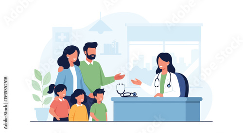 Family Medical Consultation: Parents and Kids Visiting Female Doctor for Health Check-up and Pediatric Care