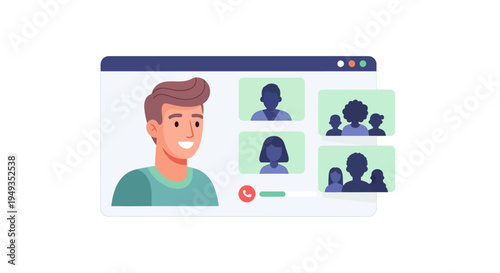 Online Video Conference Meeting with Diverse Team. Virtual Collaboration and Remote Work Concept. Group Video Call Screen Illustration.