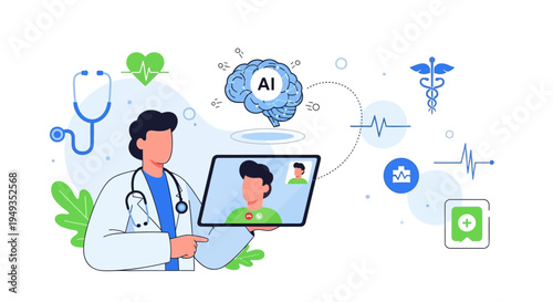 AI Telehealth Consultation: Doctor and Patient Connecting Remotely for Digital Medical Care