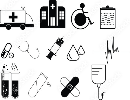 Medical and healthcare icon set with ambulance hospital wheelchair syringe medicine and ECG vector illustration