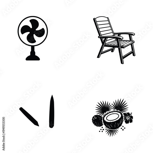 Black and white of summer and outdoor chair coconut pencils tropical