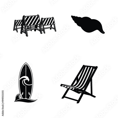 Four Black Silhouette Of Beach And Water barriers shell surfboard deckchair
