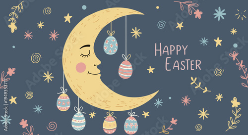 Hand-drawn sleeping crescent moon decorated with hanging Easter eggs against a dark starry sky for a happy Easter holiday celebration concept