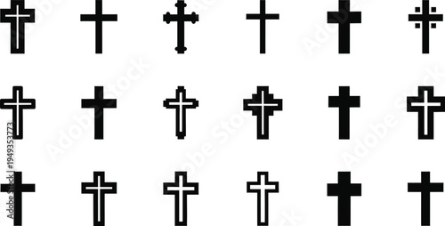 Assortment of Christian Cross Icons in Black and White religion symbol