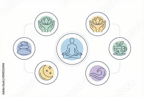 Holistic wellness symbols interconnected with meditation figure emphasizing mindfulness practices and self care routines for enhanced mental clarity and emotional balance