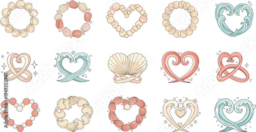 Set of oceanic heart and circular wreath frames featuring seashells pearls and water waves in pastel colors for coastal weddings and maritime designs.