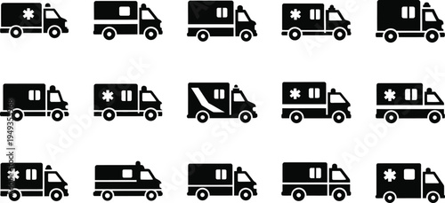 Black silhouette icons of various ambulance vehicles medical emergency