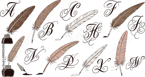 Vintage quill pen and inkwell vector set with ornate calligraphic letters for traditional writing literature poetry and historical document design projects.