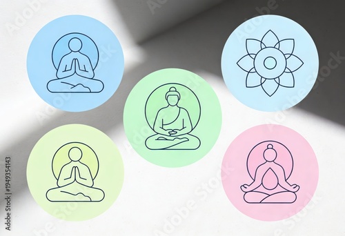 Serene minimalist design illustrating diverse meditation poses within circular outlines featuring pastel blue green and pink colors symbolizing tranquility introspection and mindfulness