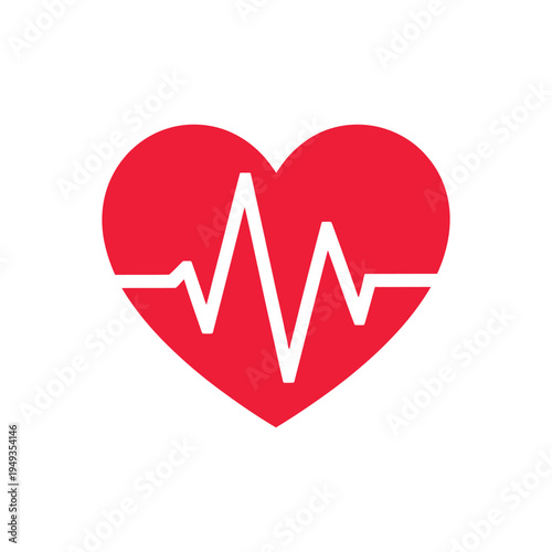 Red heart silhouette with white heartbeat pulse line icon representing love and medical cardiovascular wellness vector art illustration