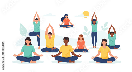 Diverse Group Practicing Yoga & Meditation: Wellness, Balance & Mindfulness